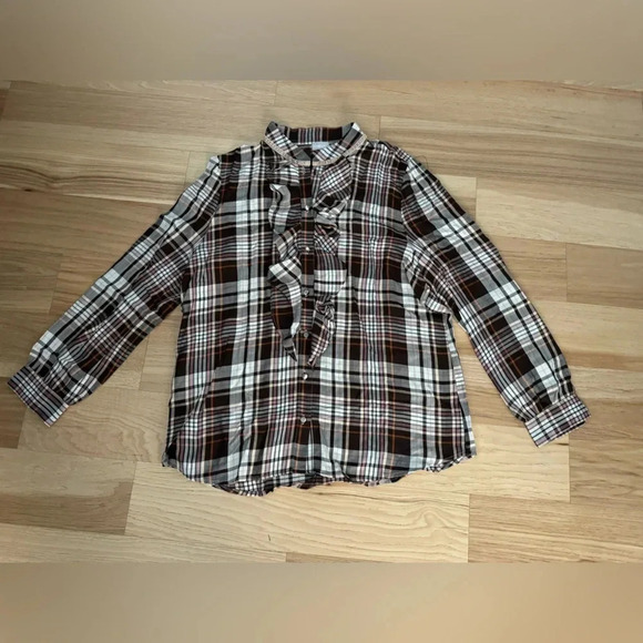 Chicos Chico’s Ruffle Button Front Blouse Sz L Brown Plaid Preppy Academia - Picture 2 of 13